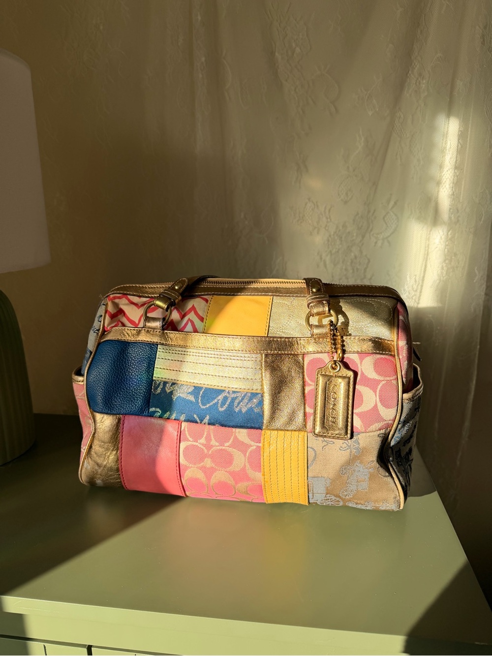 Coach Multicolor Patchwork Satchel with Gold Accents